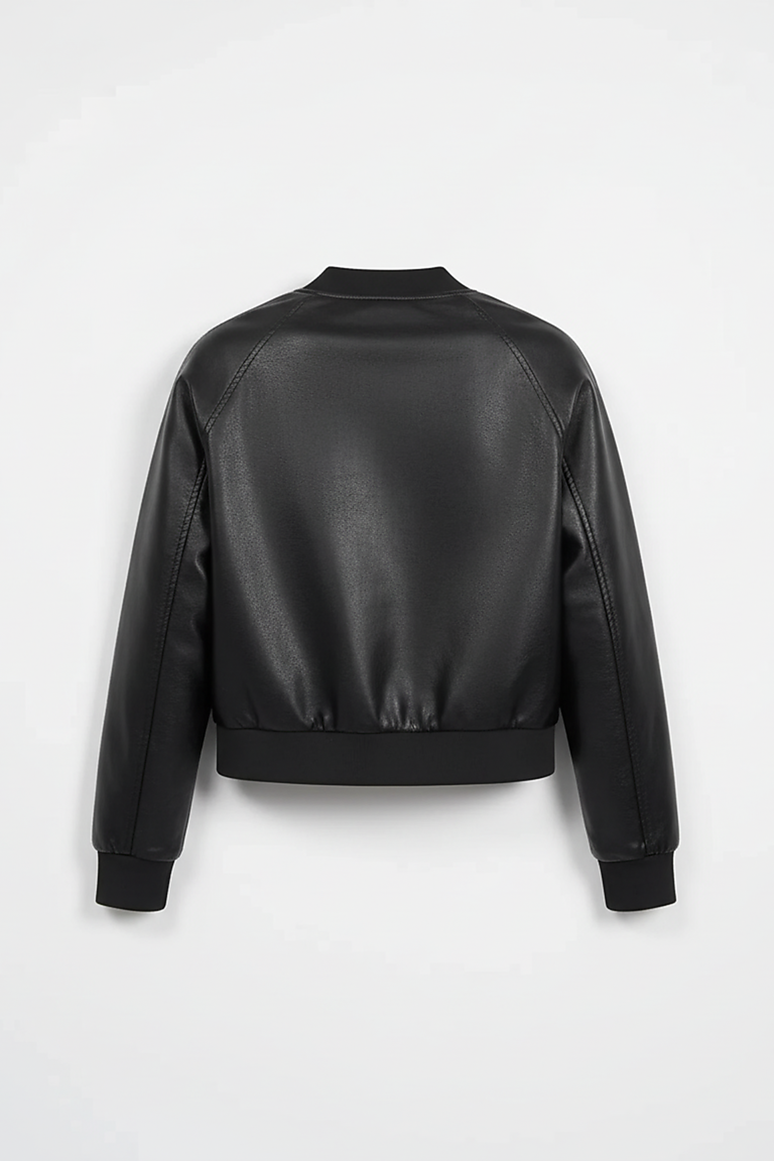 Black PU motorcycle jacket, front zipper detail.