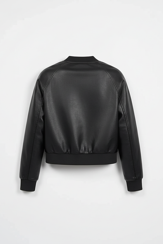 Black PU motorcycle jacket, front zipper detail.