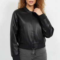 Black PU motorcycle jacket, front view on model.