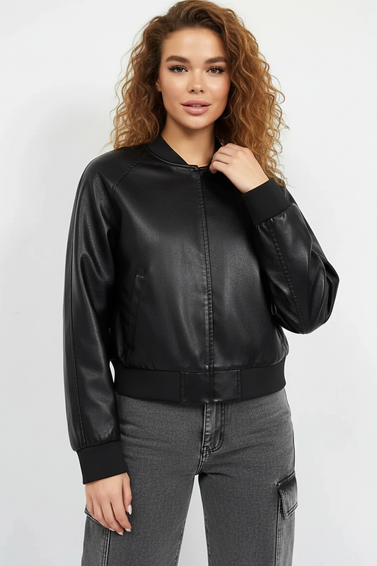 Black PU motorcycle jacket, front view on model.