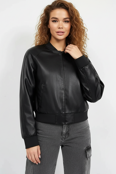 Black PU motorcycle jacket, front view on model.