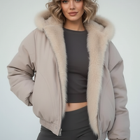 Red women's thickened fur-collar hooded jacket, front view on model.