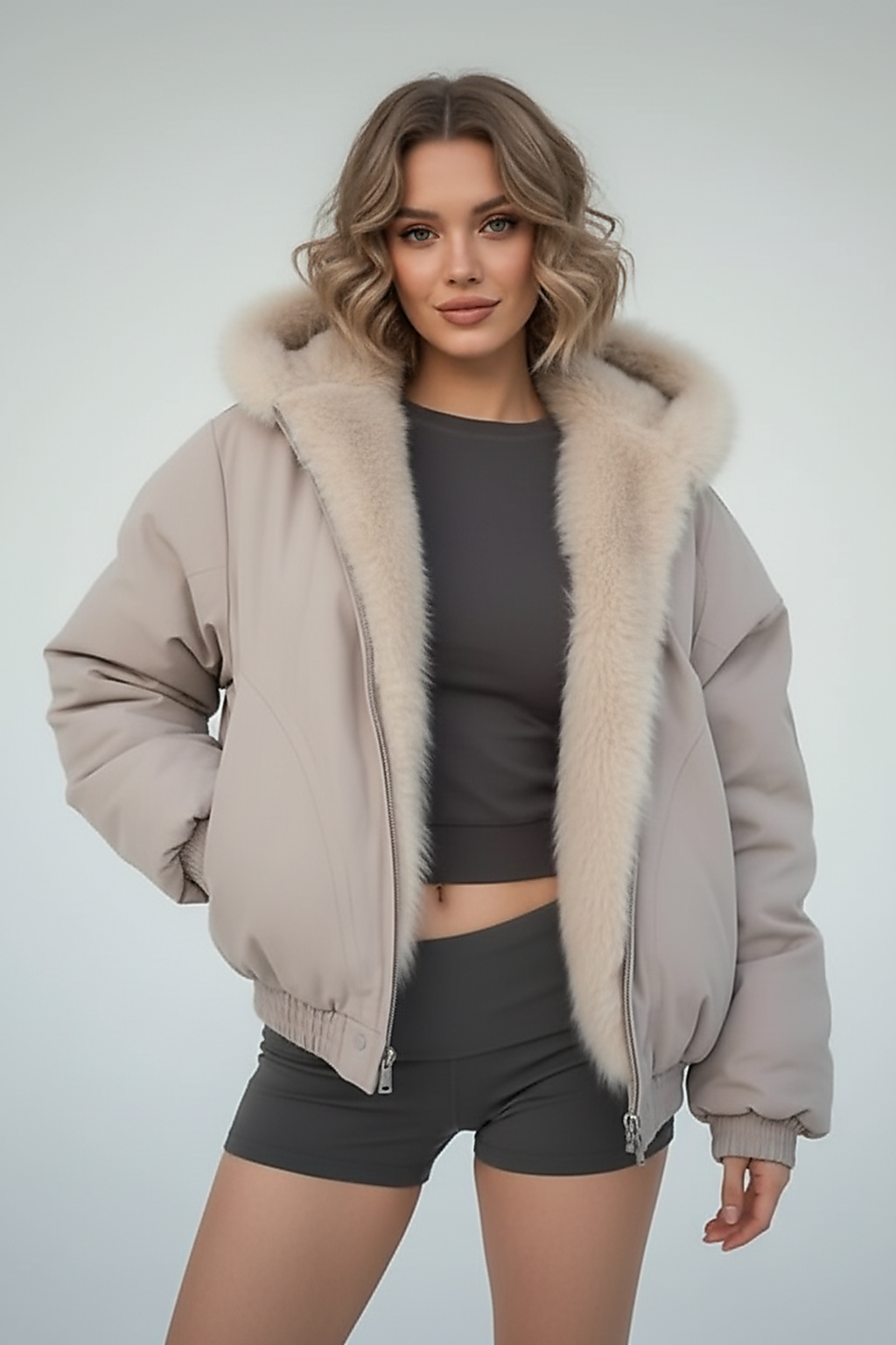 Red women's thickened fur-collar hooded jacket, front view on model.