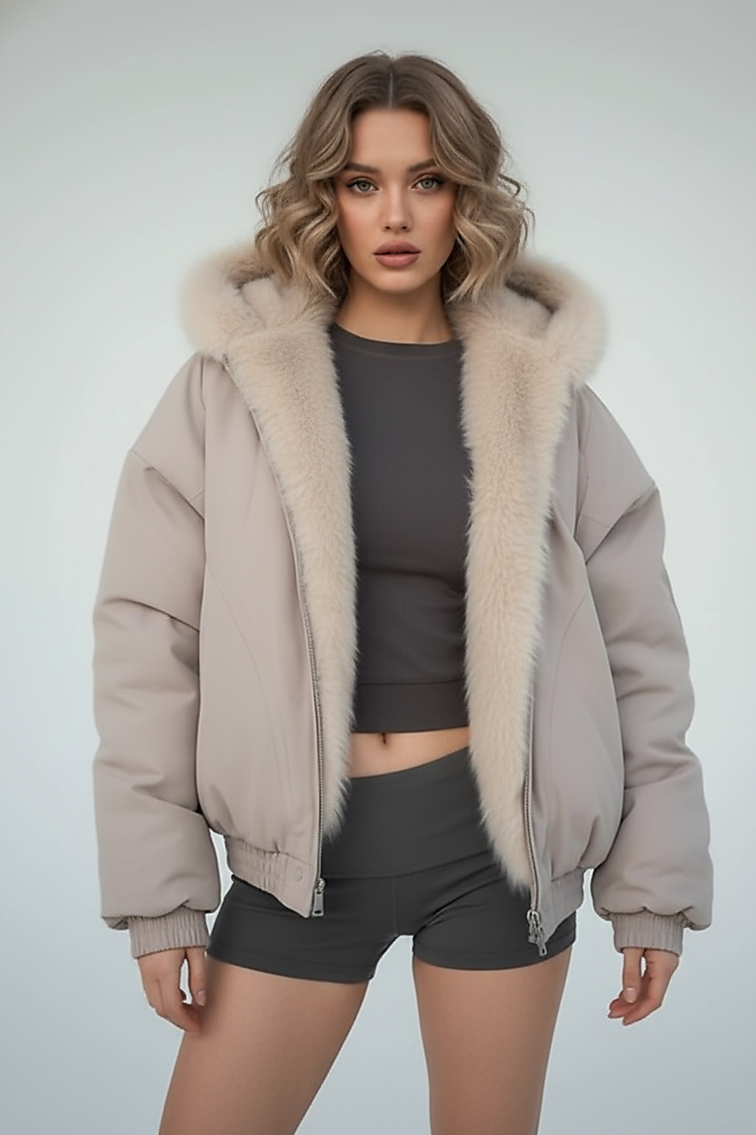 Black women's thickened fur-collar hooded jacket, back view on model.