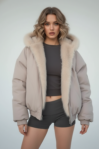 Black women's thickened fur-collar hooded jacket, back view on model.