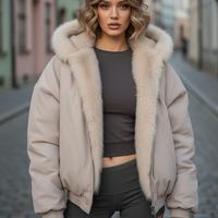 Black women's thickened fur-collar hooded jacket, fur collar detail.