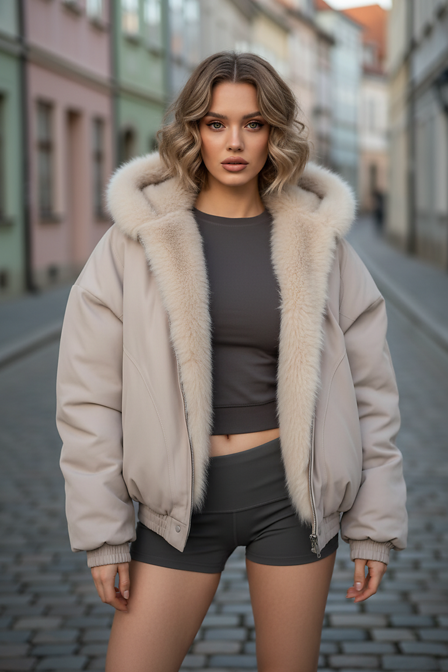 Black women's thickened fur-collar hooded jacket, fur collar detail.