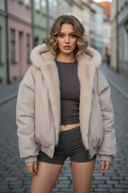 Black women's thickened fur-collar hooded jacket, fur collar detail.