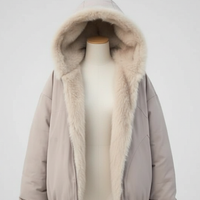 Navy women's thickened fur-collar hooded jacket, front view on model.