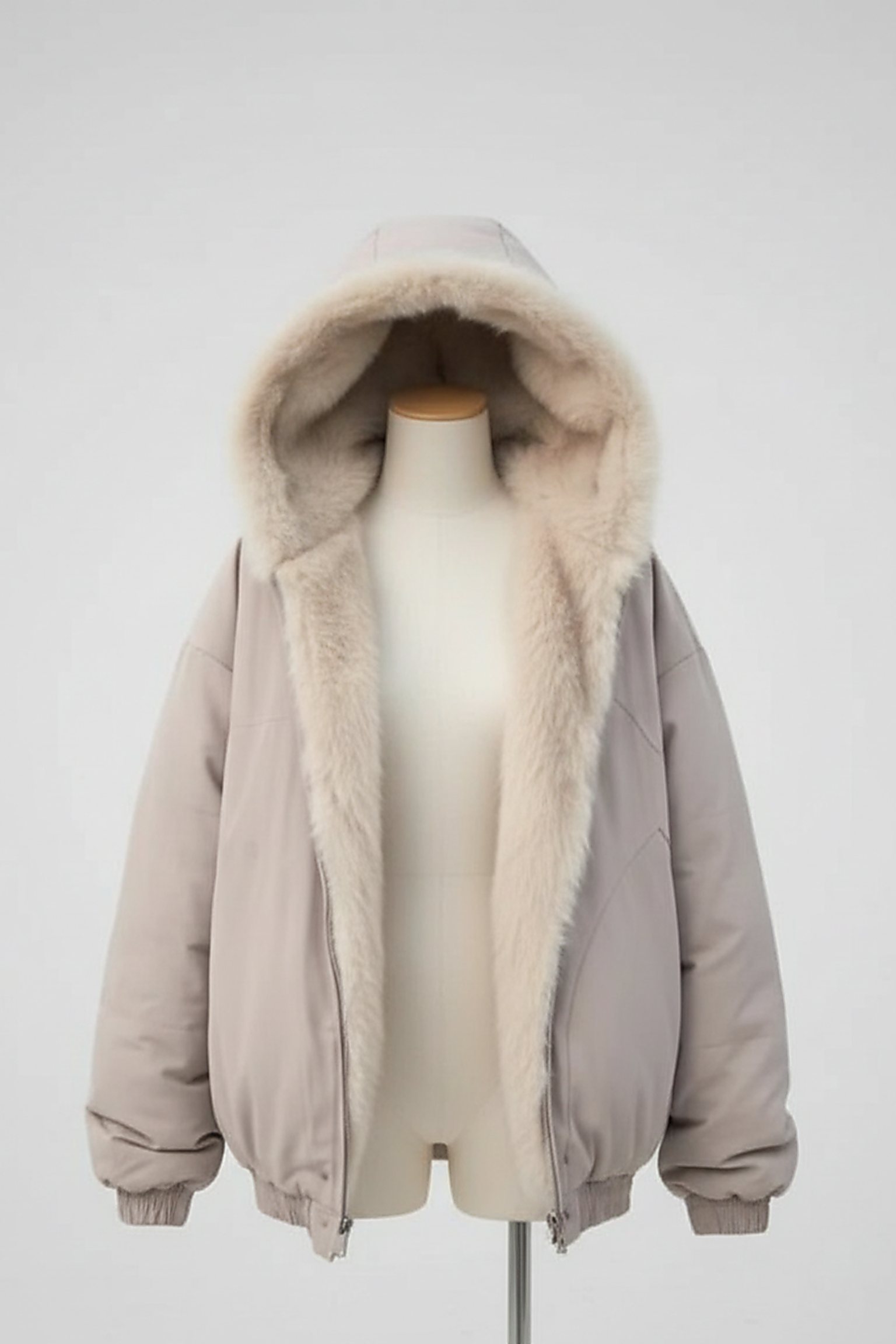 Navy women's thickened fur-collar hooded jacket, front view on model.