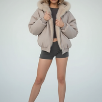 White women's thickened fur-collar hooded jacket, front view on model.