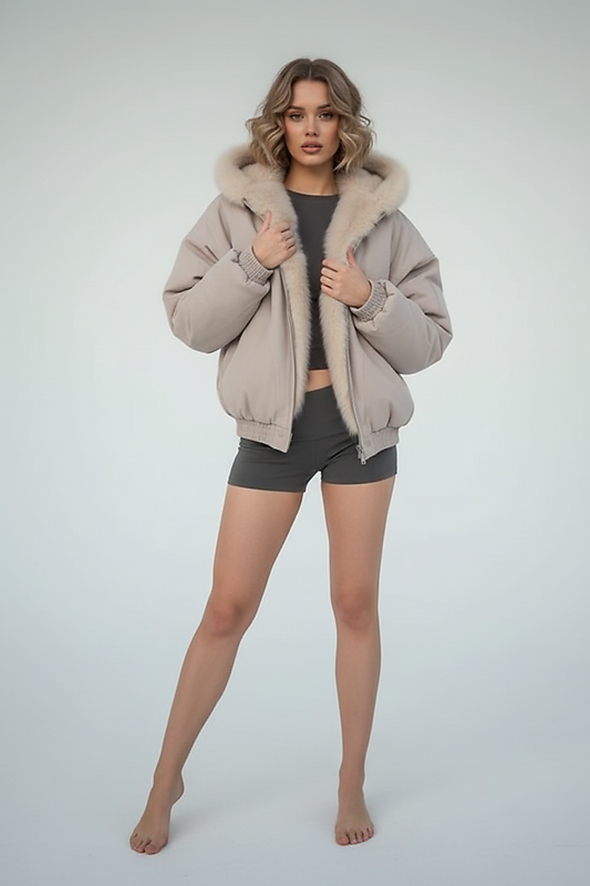 White women's thickened fur-collar hooded jacket, front view on model.