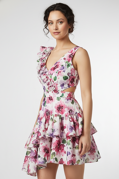 woman wearing purple tiered maxi dress, front view, standing, hands relaxed