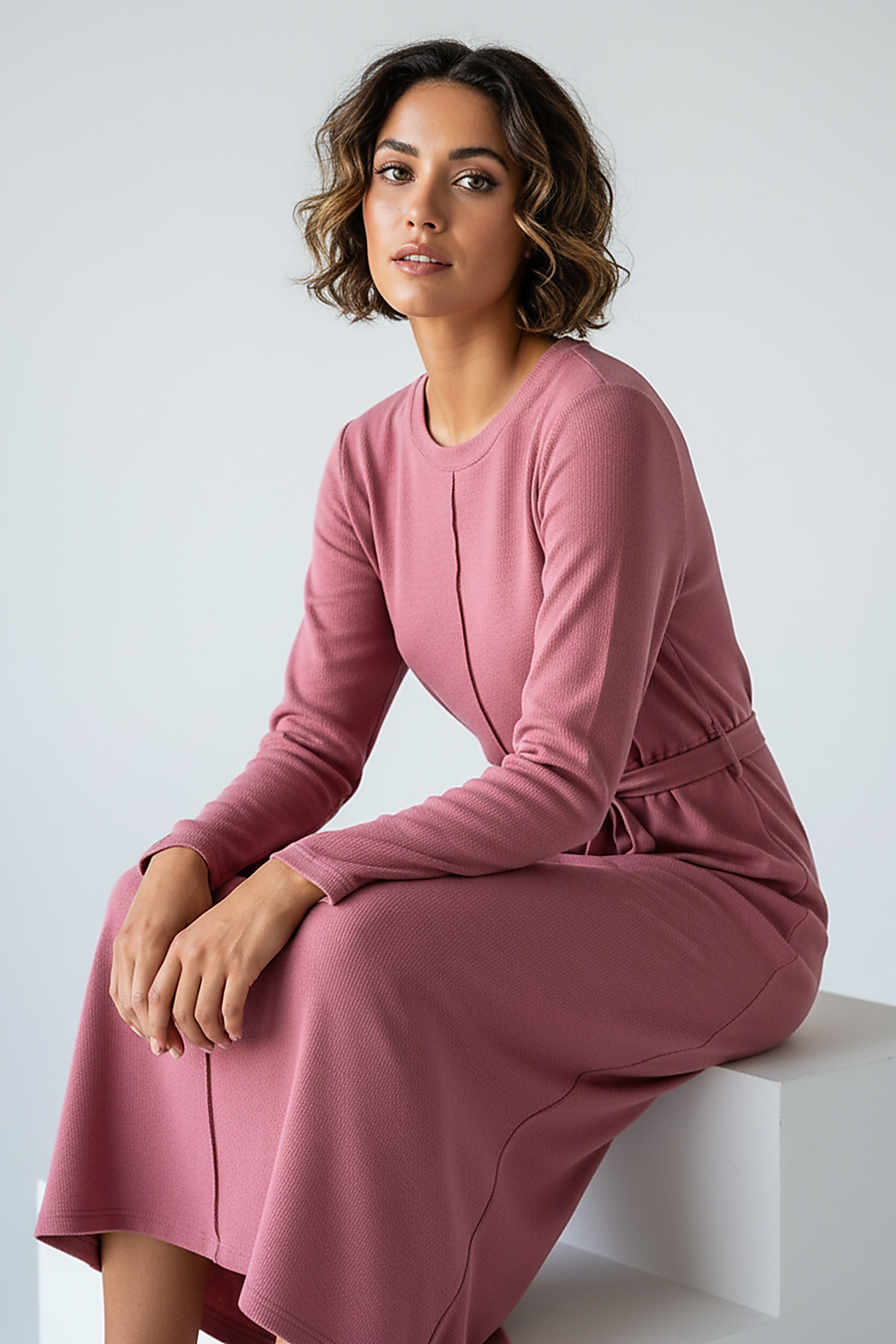 woman wearing a dark plum mini dress, front view, standing, hands relaxed
