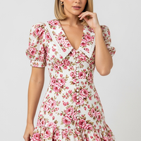 woman wearing floral printed mini dress, front view, standing, hands relaxed
