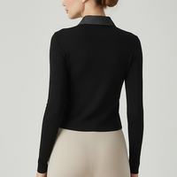 Sleeveless ribbed maxi dress with denim collar. Back view on model.