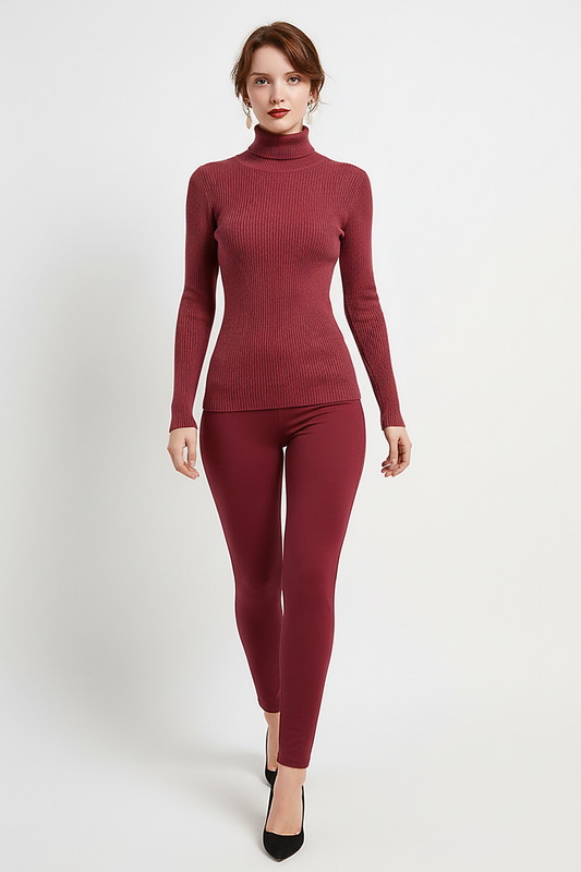 Women's knitted pullover sweater, back view on model.