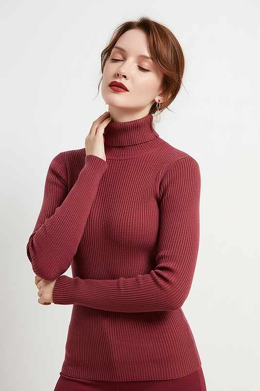 Women's knitted pullover sweater, side view on model.