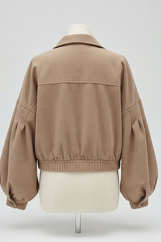 Cropped corduroy jacket, single-breasted, lantern sleeve, open front view.