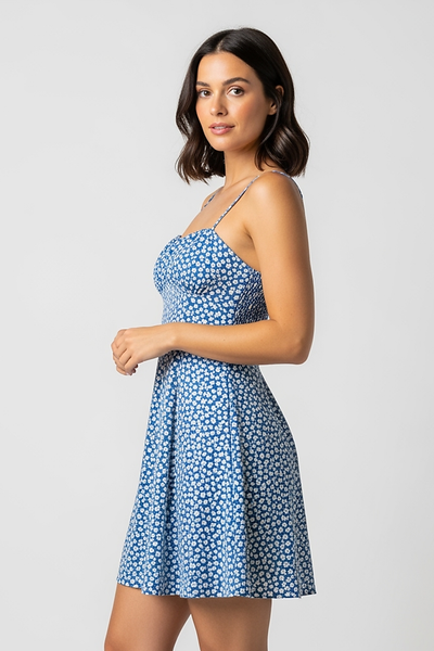 woman wearing white maxi dress with ruffles and lace, front view, standing, hands relaxed