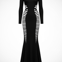 woman wearing black bandage backless long sleeve maxi dress, front view, standing, hands relaxed