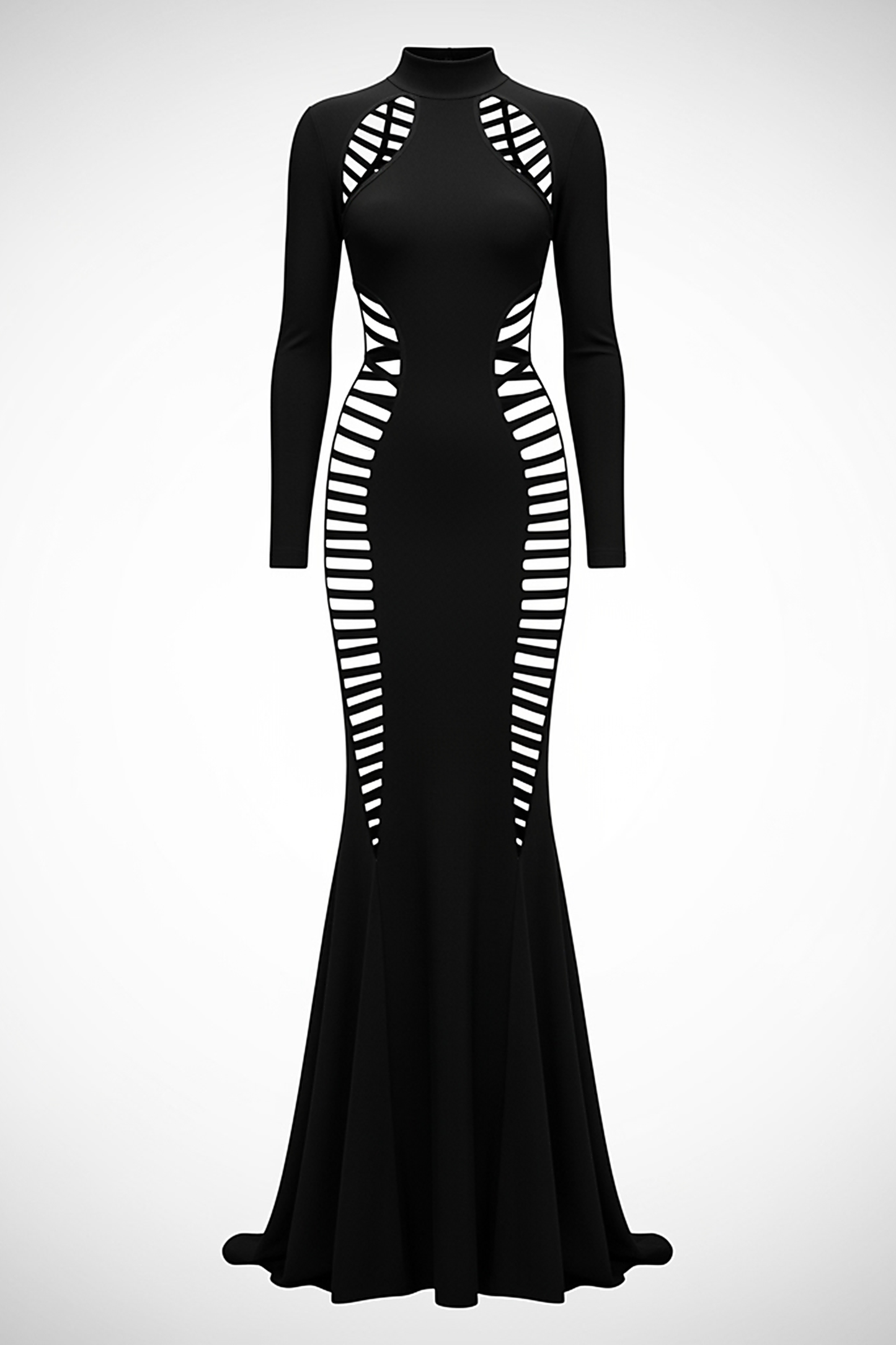 woman wearing black bandage backless long sleeve maxi dress, front view, standing, hands relaxed