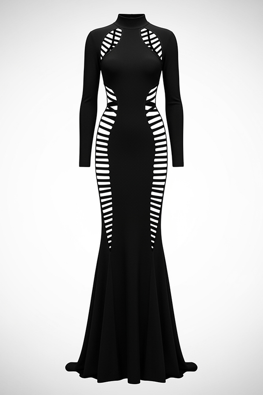 woman wearing black bandage backless long sleeve maxi dress, front view, standing, hands relaxed