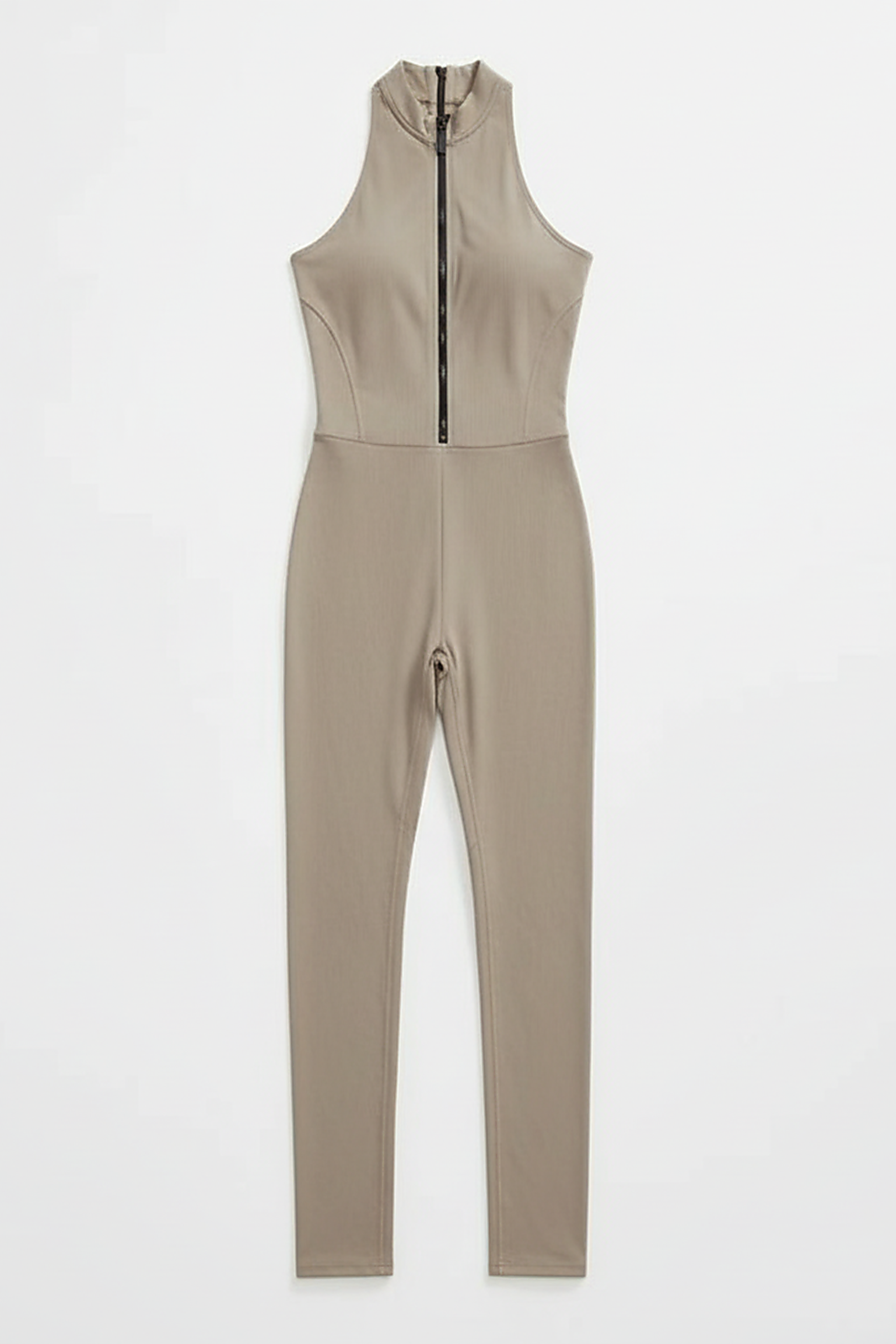 Green sporty jumpsuit, front view on model.