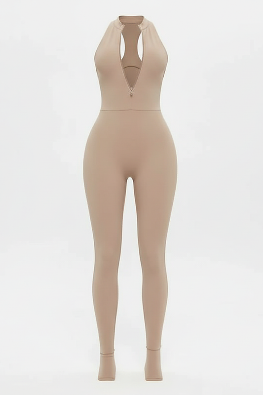 Red sporty jumpsuit, front view on model.