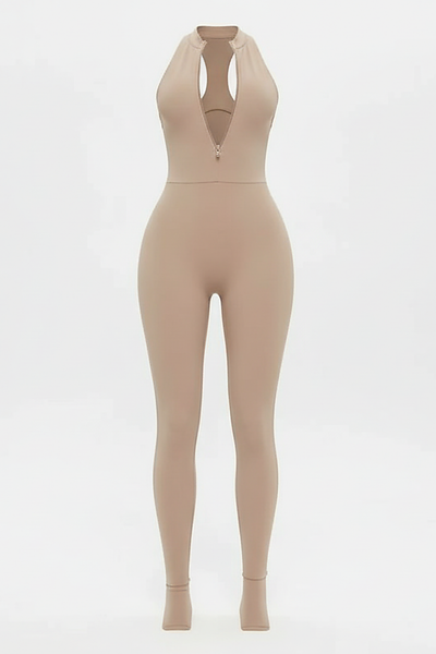 Red sporty jumpsuit, front view on model.