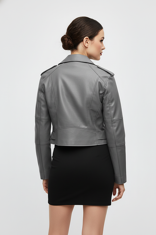 Black faux leather jacket with belt, back view on model.