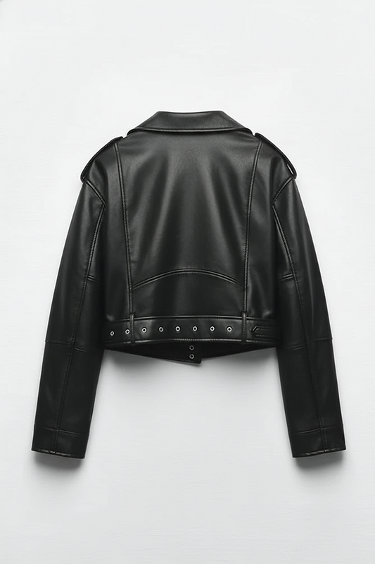 Black faux leather jacket, collar and zipper detail.