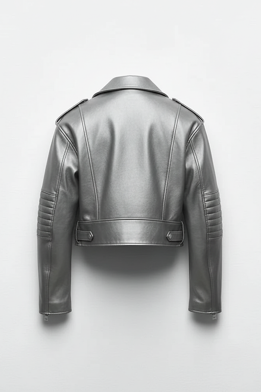 Black faux leather jacket, sleeve cuff detail.