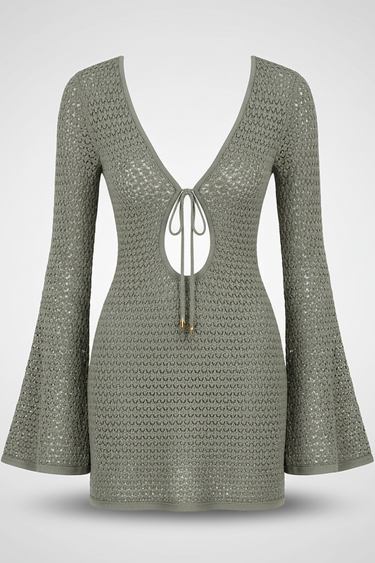 Hollow-out knit short dress, lifestyle shot on model.