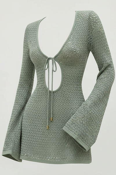 Hollow-out knit short dress, detail of hollow-out pattern.