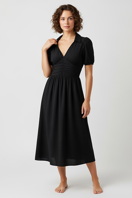 woman wearing tropical print halter neck maxi dress, front view, standing, hands relaxed