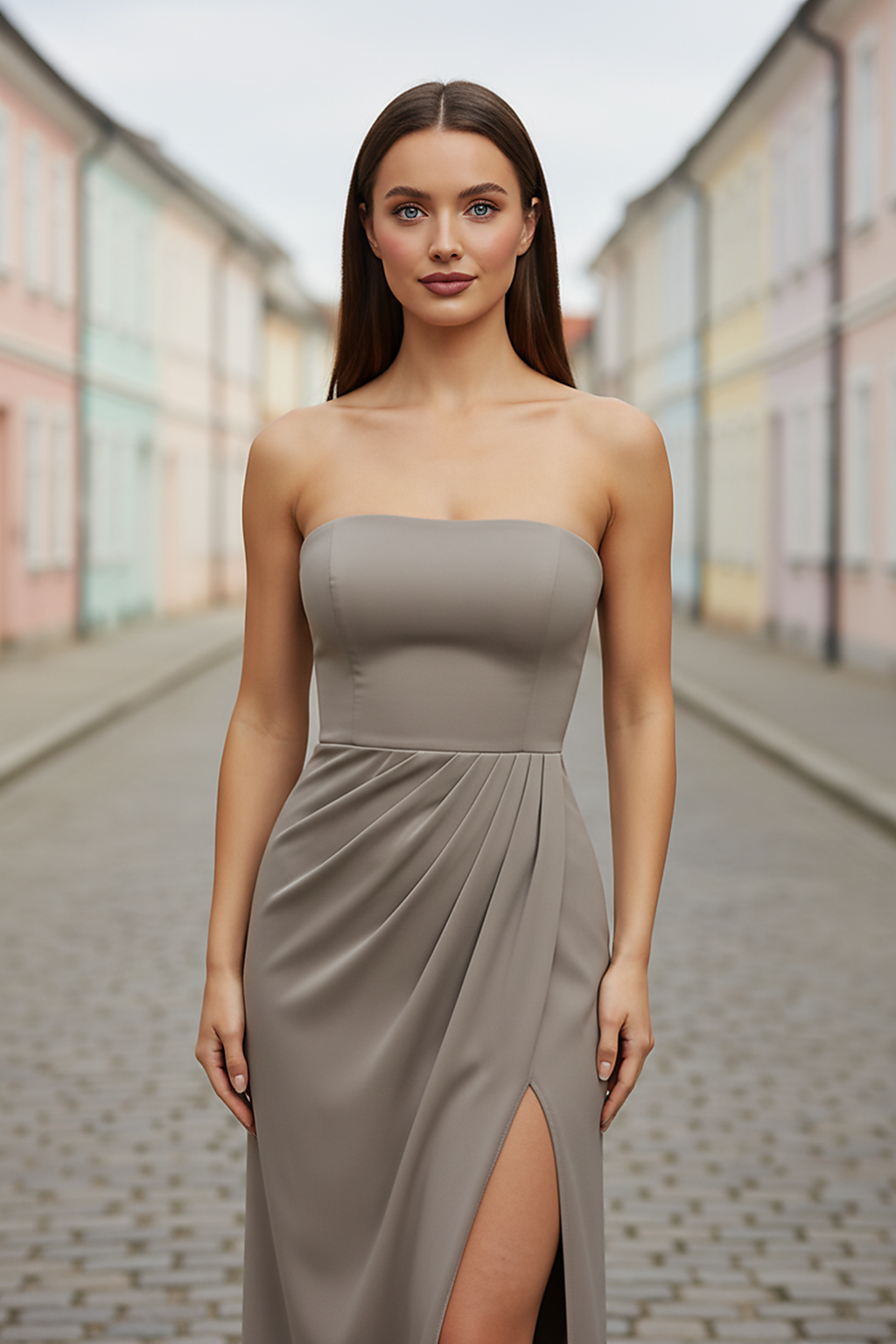 Black off-shoulder bodycon maxi dress with high split, front view on model.