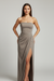 Black off-shoulder bodycon maxi dress with high split, front view on model.
