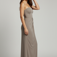 Black off-shoulder bodycon long dress, front view on model.