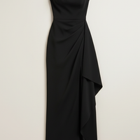 Black off-shoulder strapless bodycon maxi dress, front view on model.