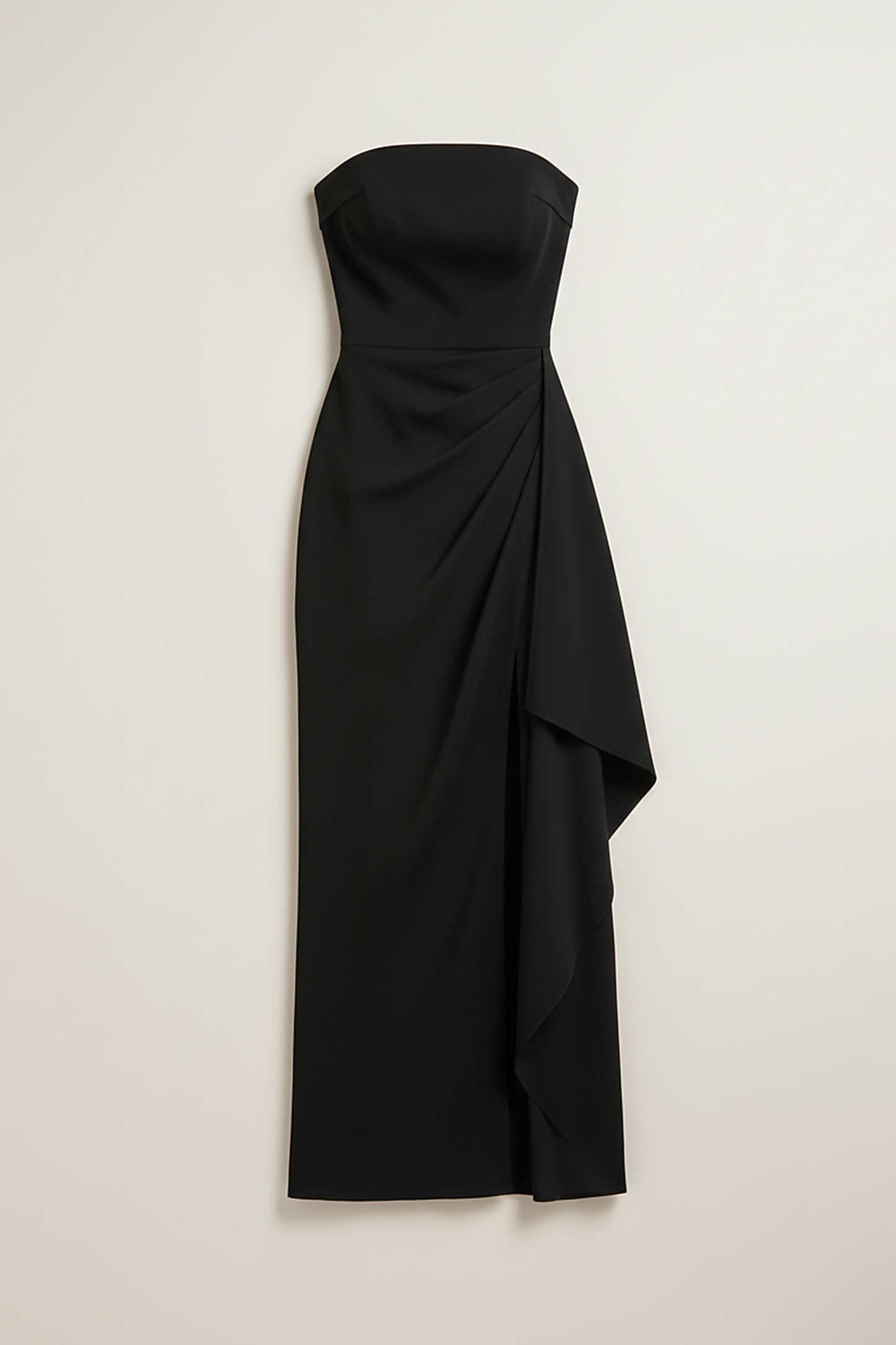 Black off-shoulder strapless bodycon maxi dress, front view on model.