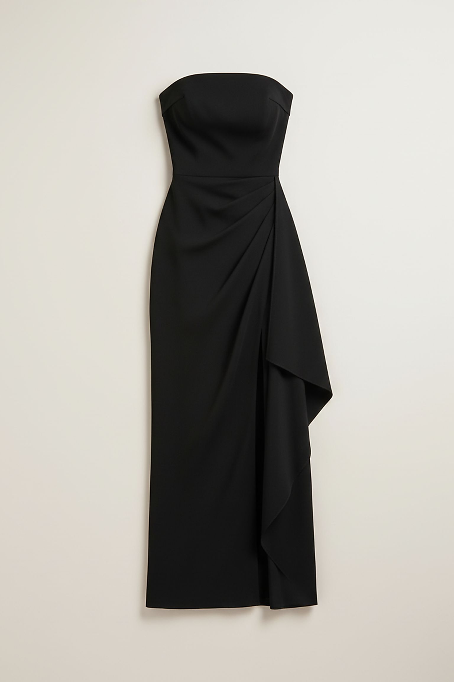 Black off-shoulder strapless bodycon maxi dress, front view on model.