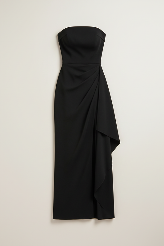 Black off-shoulder strapless bodycon maxi dress, front view on model.