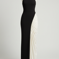 Vibrant contrast patchwork ruched maxi dress, front view on model.