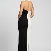 Contrast patchwork halter backless split maxi dress, back view on model.