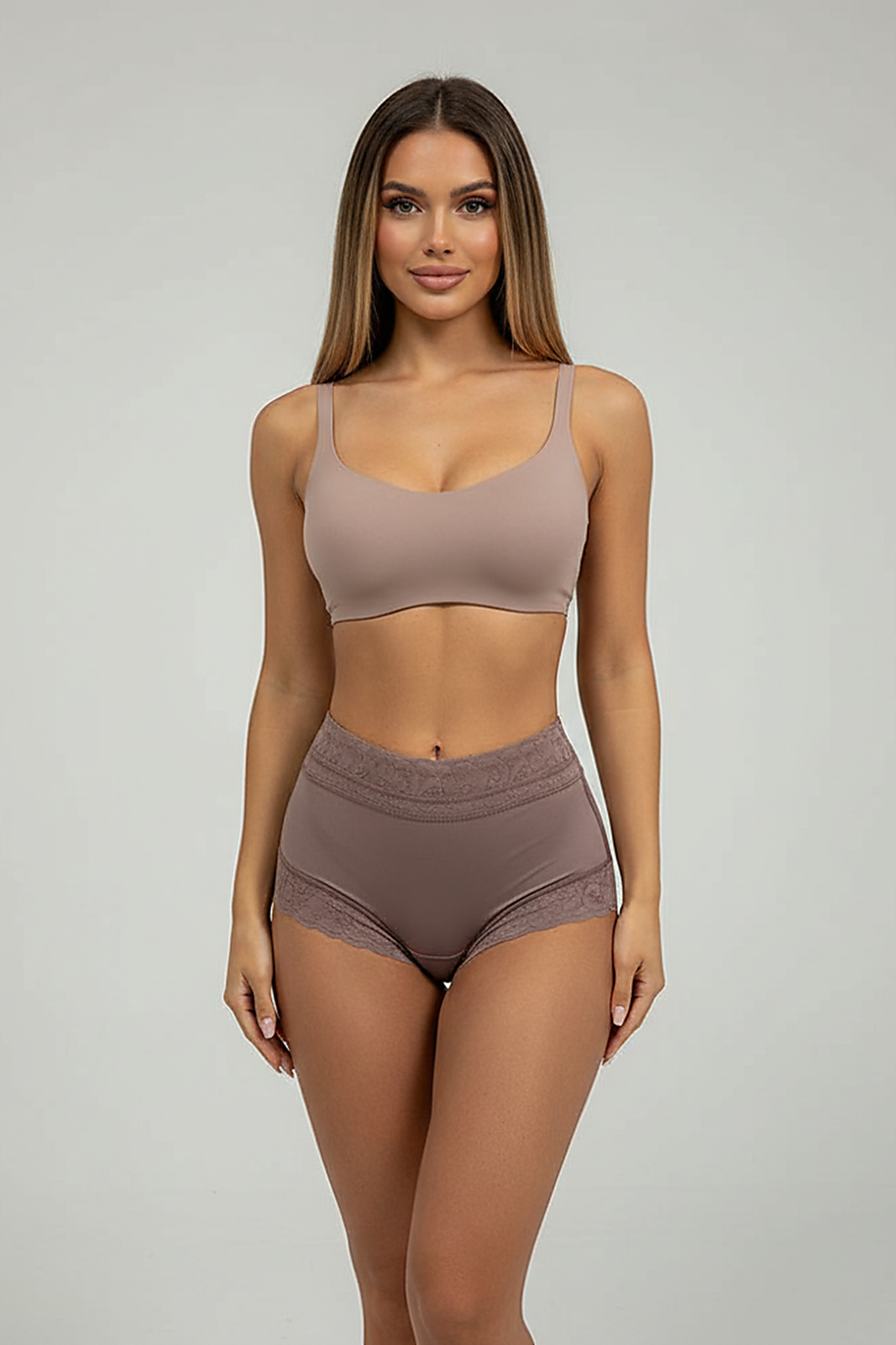 Body shaper tummy control panties front view on model.