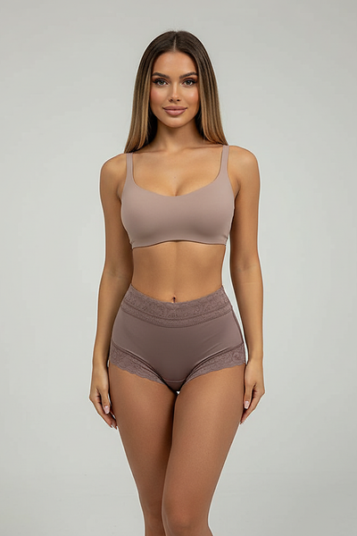 Body shaper tummy control panties front view on model.
