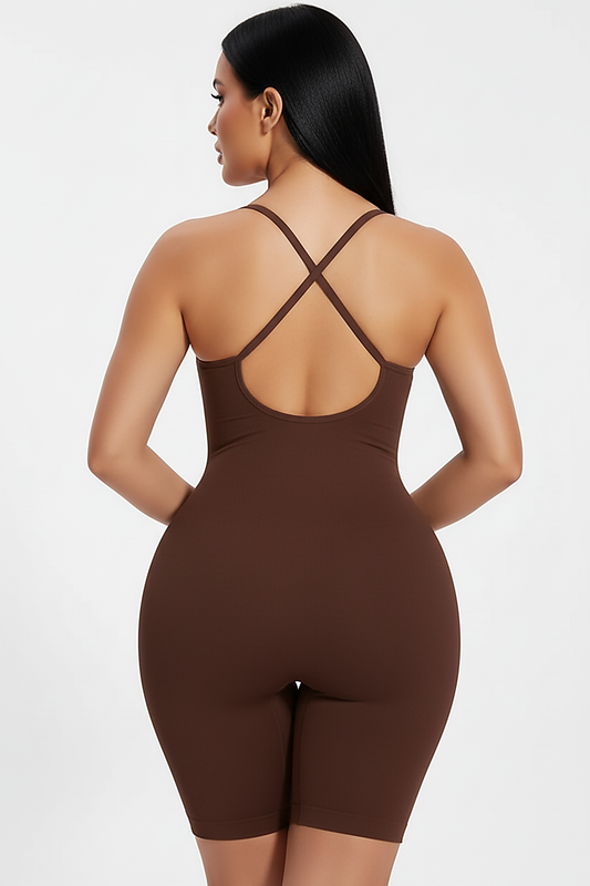Nude tank shorts bodysuit shapewear, back view.