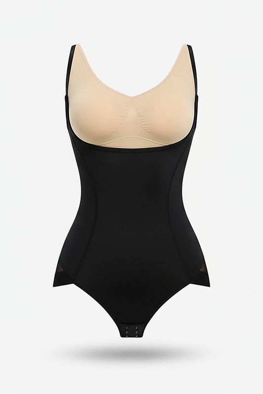 Bodysuit shapewear, front view on model.