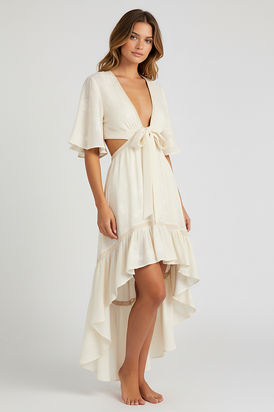 Patterned bohemian short sleeve dress, front view on model.